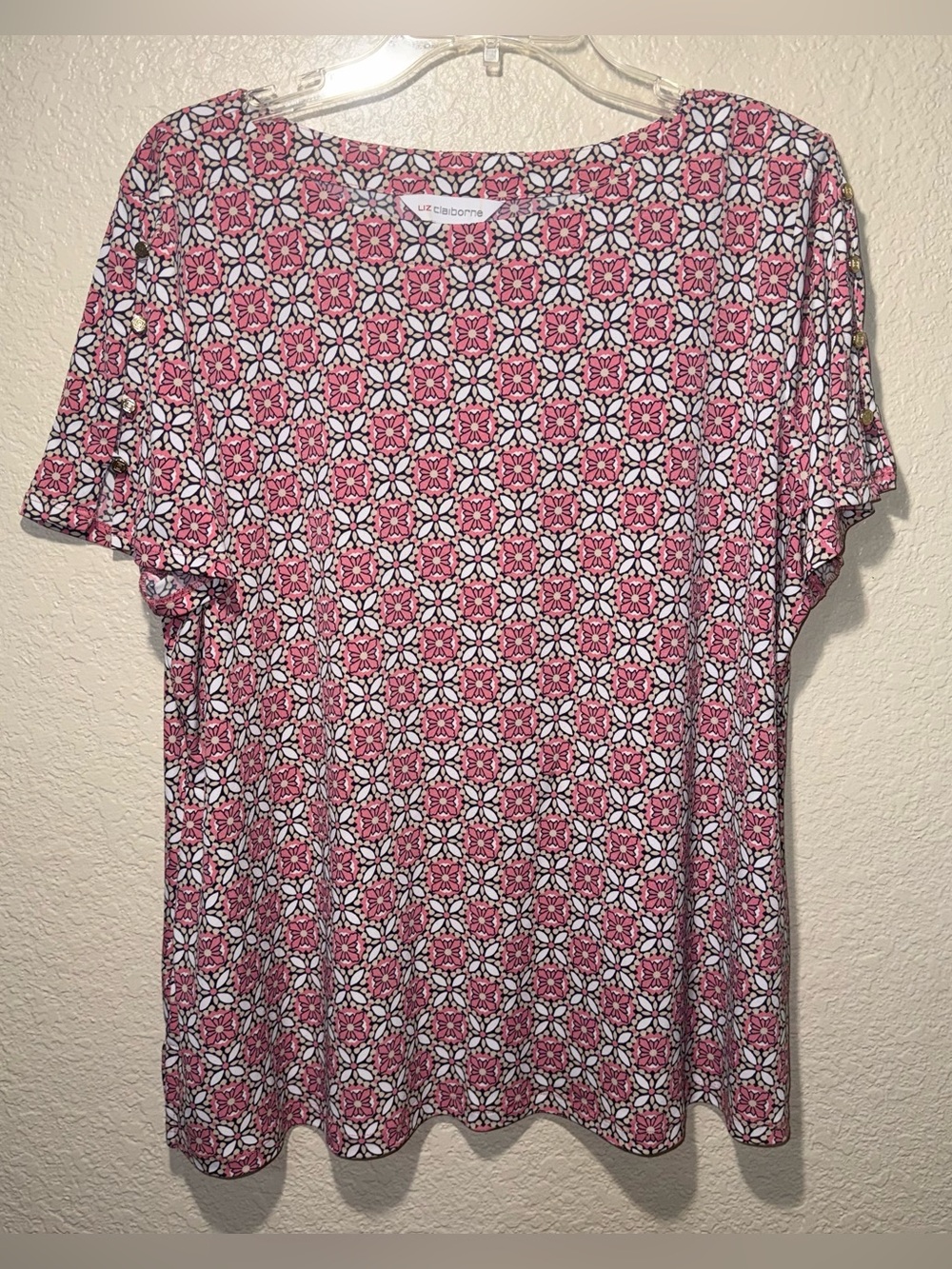 Liz Claiborne XL Pink Geometric Print Button Sleeve Blouse Top